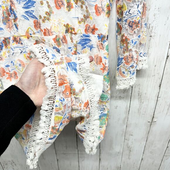 Entro Romper Women S White Floral Fit & Flare Ruffle Short Bell Sleeve Lace Trim - Picture 3 of 4